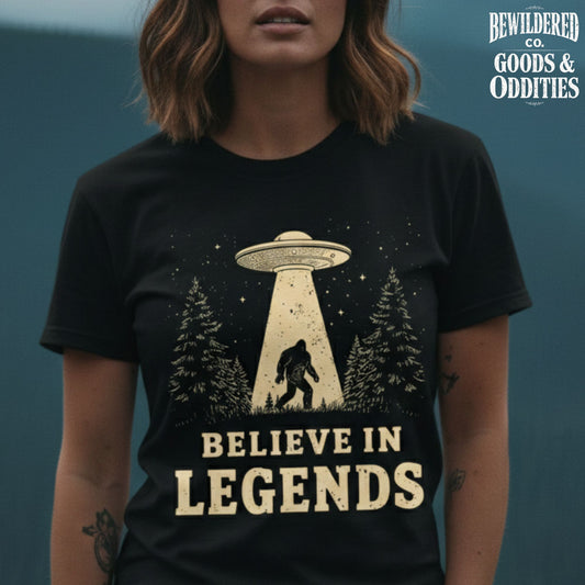 Believe in Legends T-Shirt — Bigfoot UFO Graphic Tee