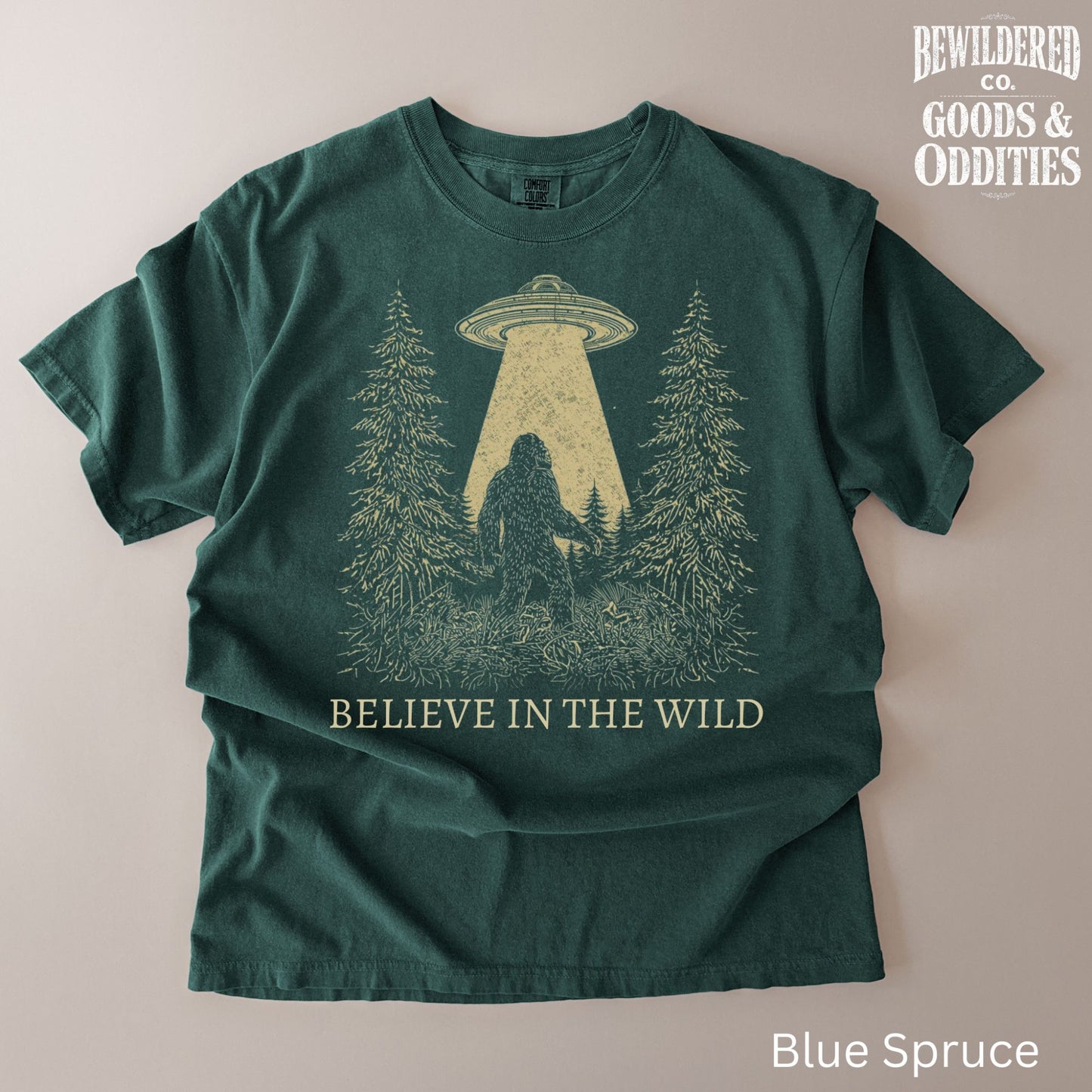 T-Shirt — 'Believe in the Wild' UFO Bigfoot Forest Graphic Tee