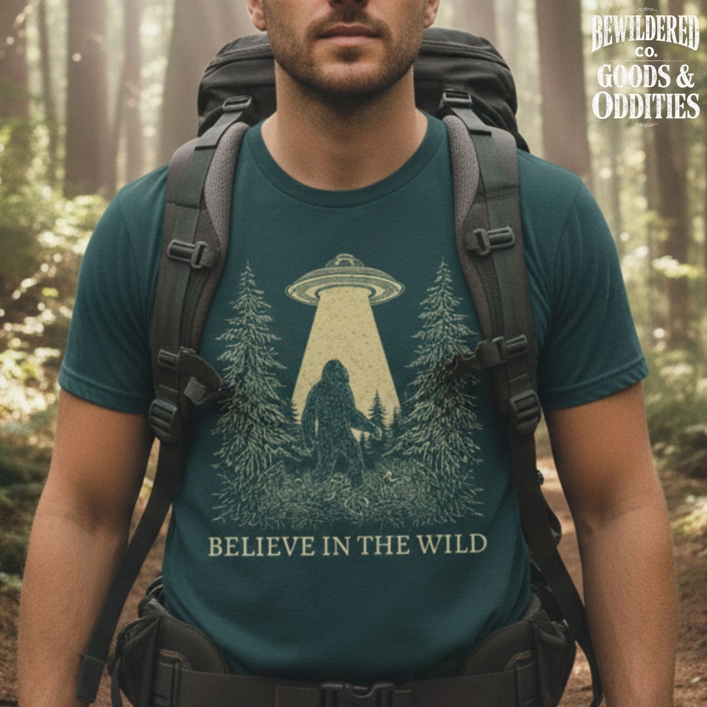 T-Shirt — 'Believe in the Wild' UFO Bigfoot Forest Graphic Tee