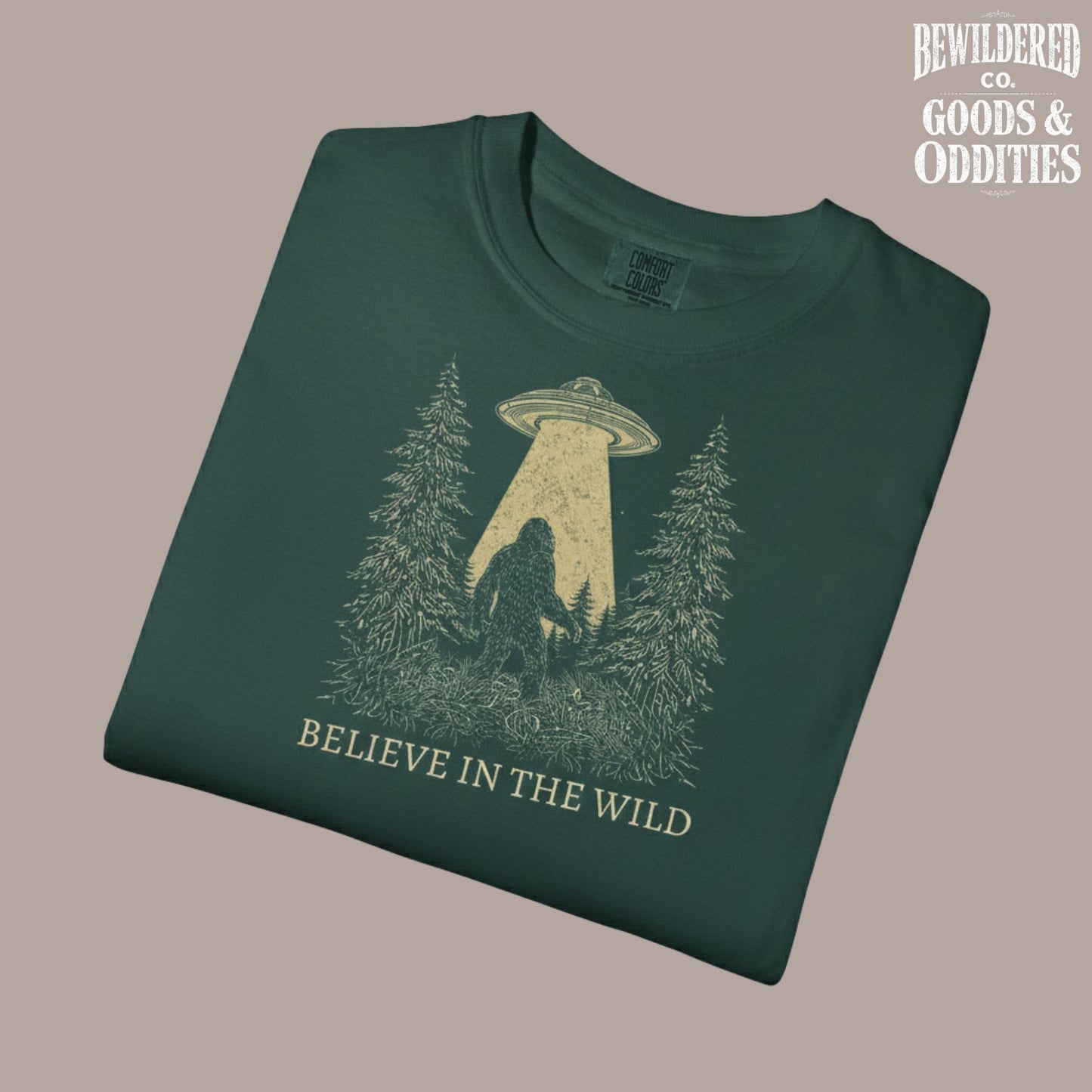 T-Shirt — 'Believe in the Wild' UFO Bigfoot Forest Graphic Tee