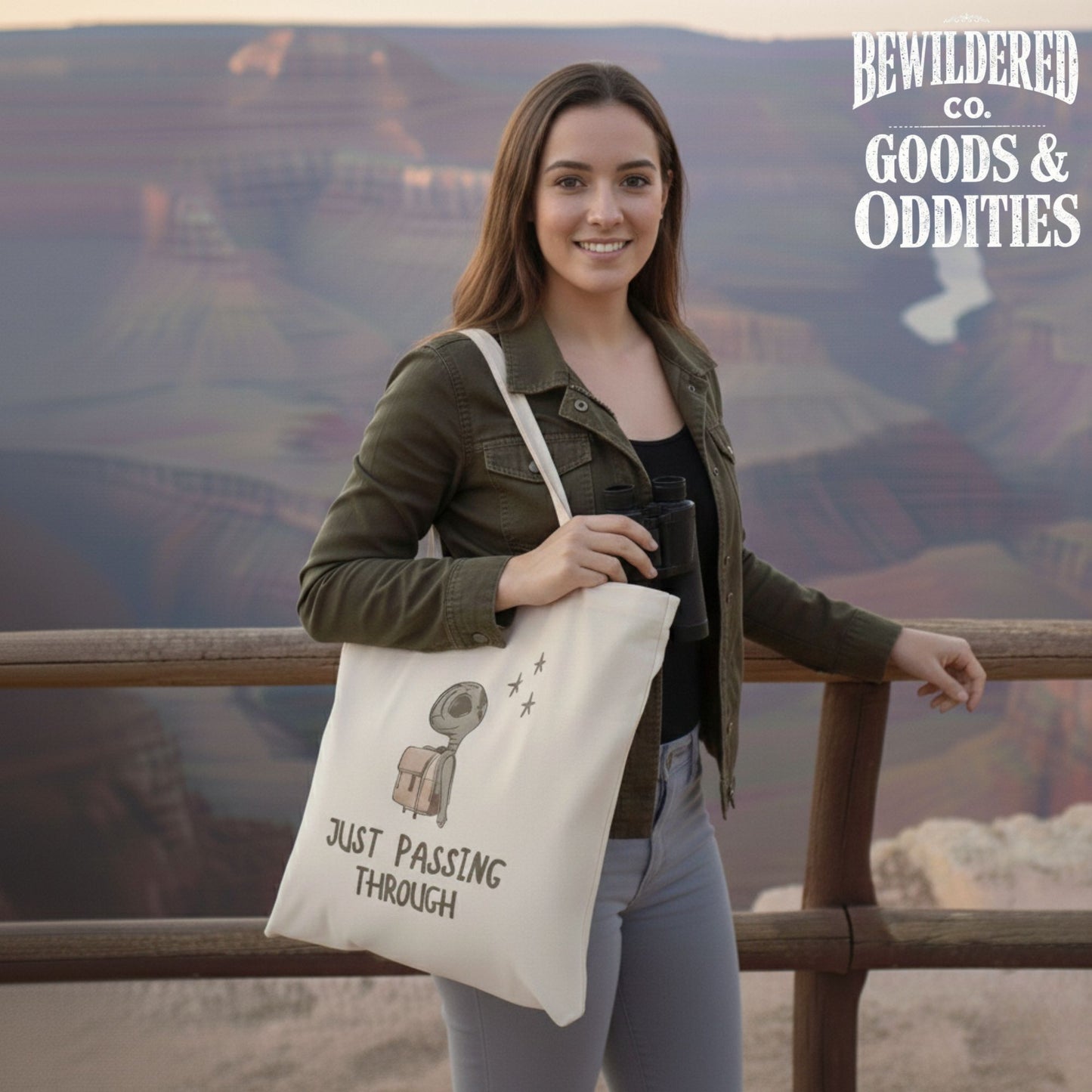 Just Passing Through Tote Bag — Bewildered Goods & Oddities Canvas Tote