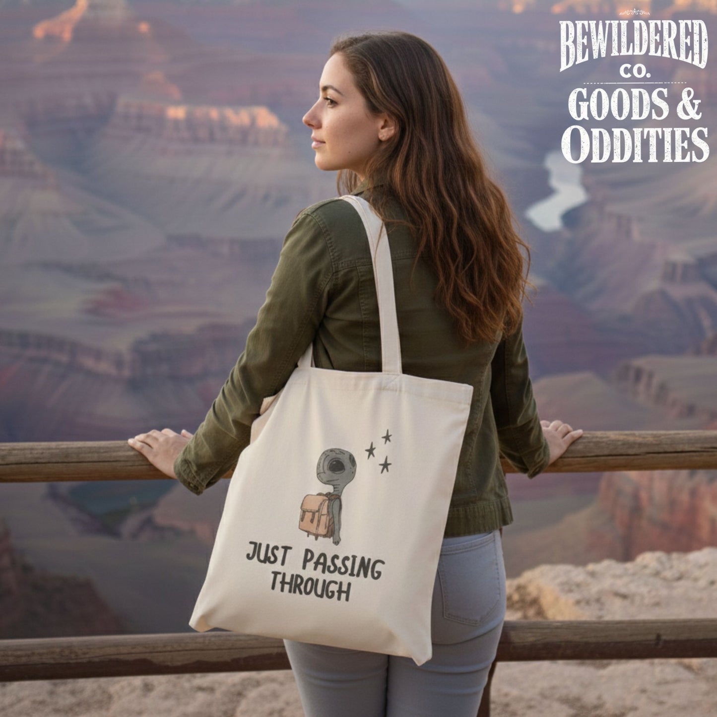 Just Passing Through Tote Bag — Bewildered Goods & Oddities Canvas Tote