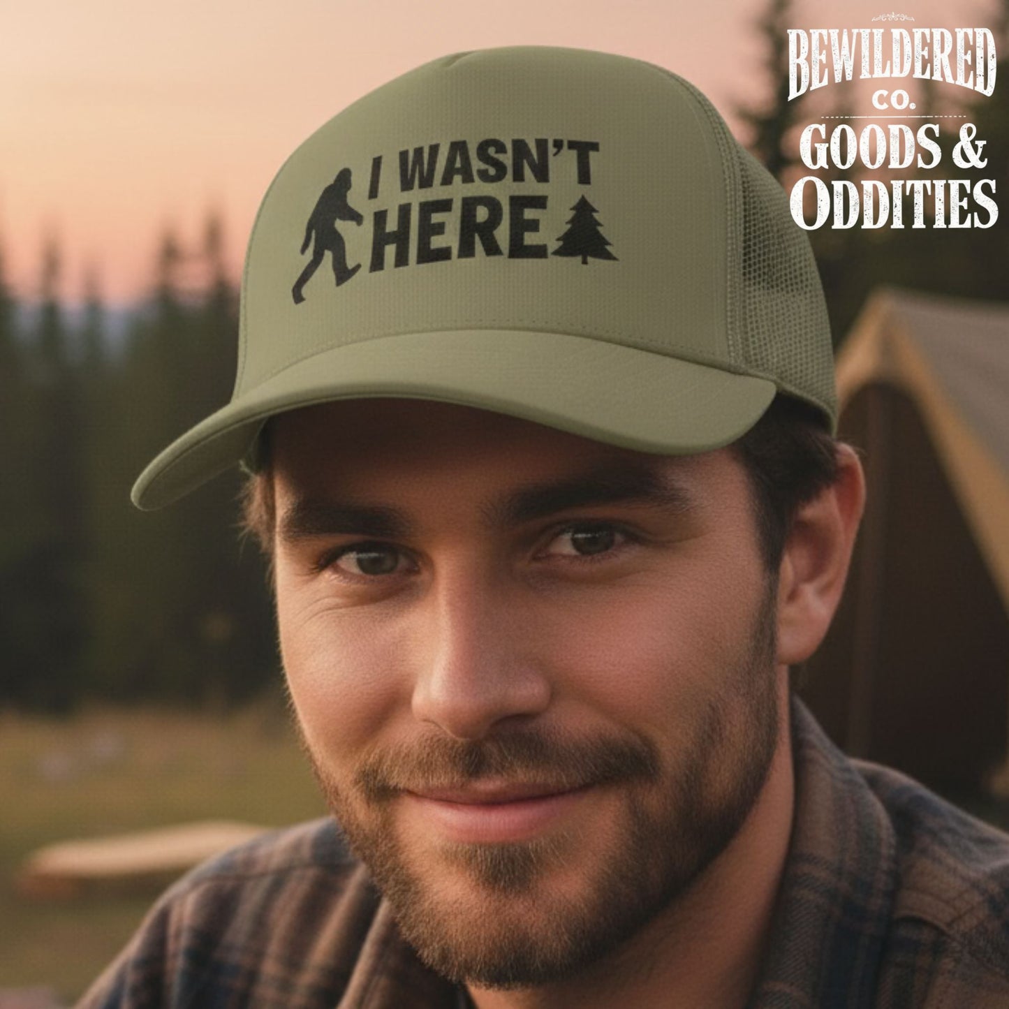 Snapback Trucker Cap — Embroidered 'I Wasn't Here' Sasquatch Hat