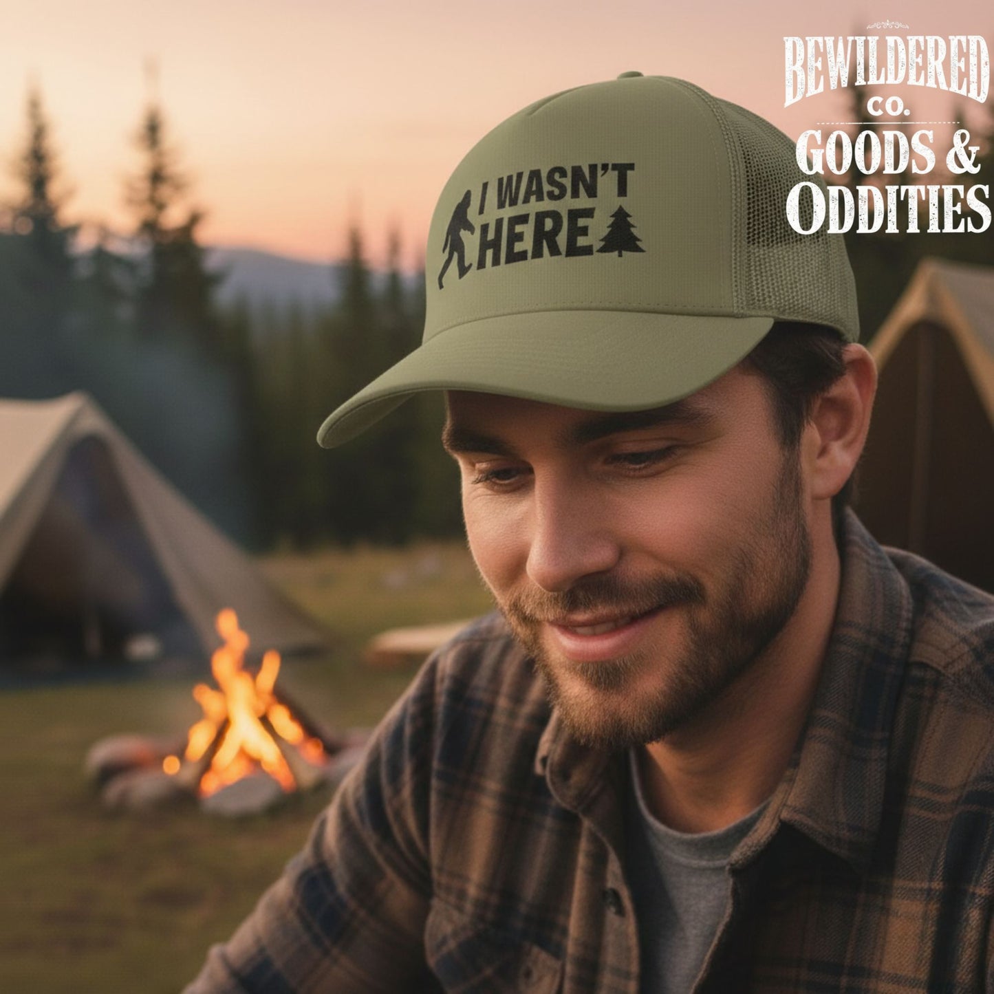 Snapback Trucker Cap — Embroidered 'I Wasn't Here' Sasquatch Hat