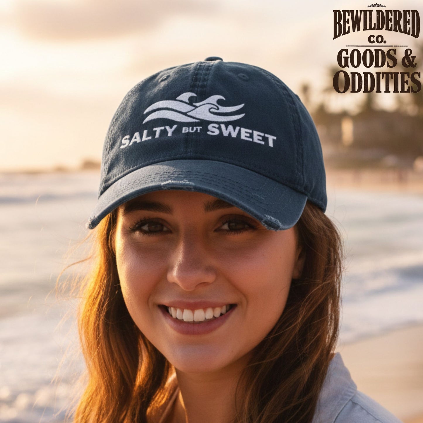 Distressed Dad Hat — "Salty but Sweet" Embroidered Wave Cap