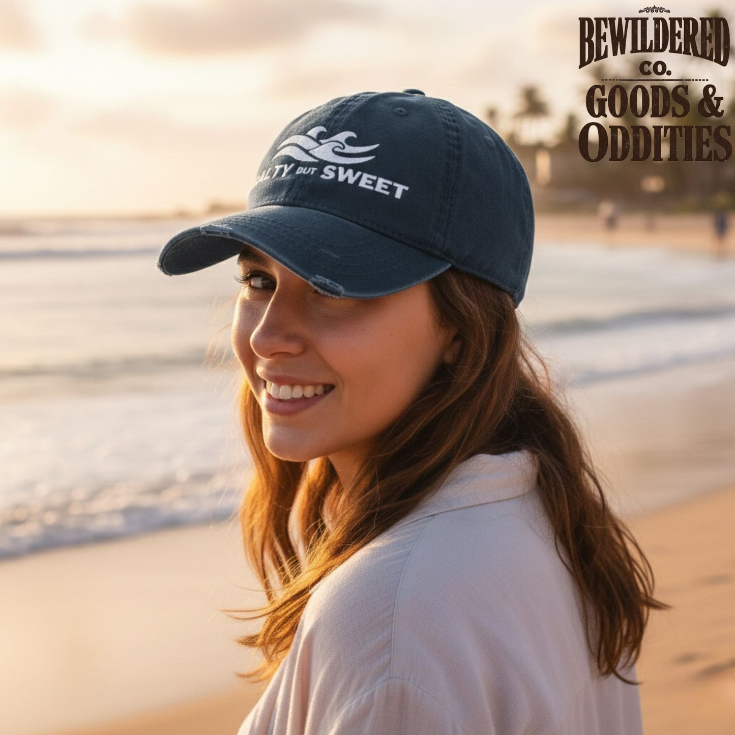 Distressed Dad Hat — "Salty but Sweet" Embroidered Wave Cap