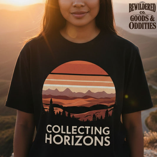 Collecting Horizons T-Shirt — Retro Sunset Mountain Graphic