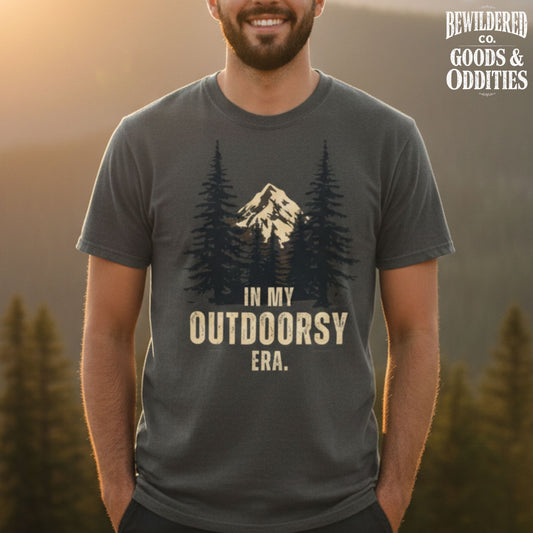 Outdoorsy Era T-Shirt — Vintage Mountain & Pine Forest Graphic