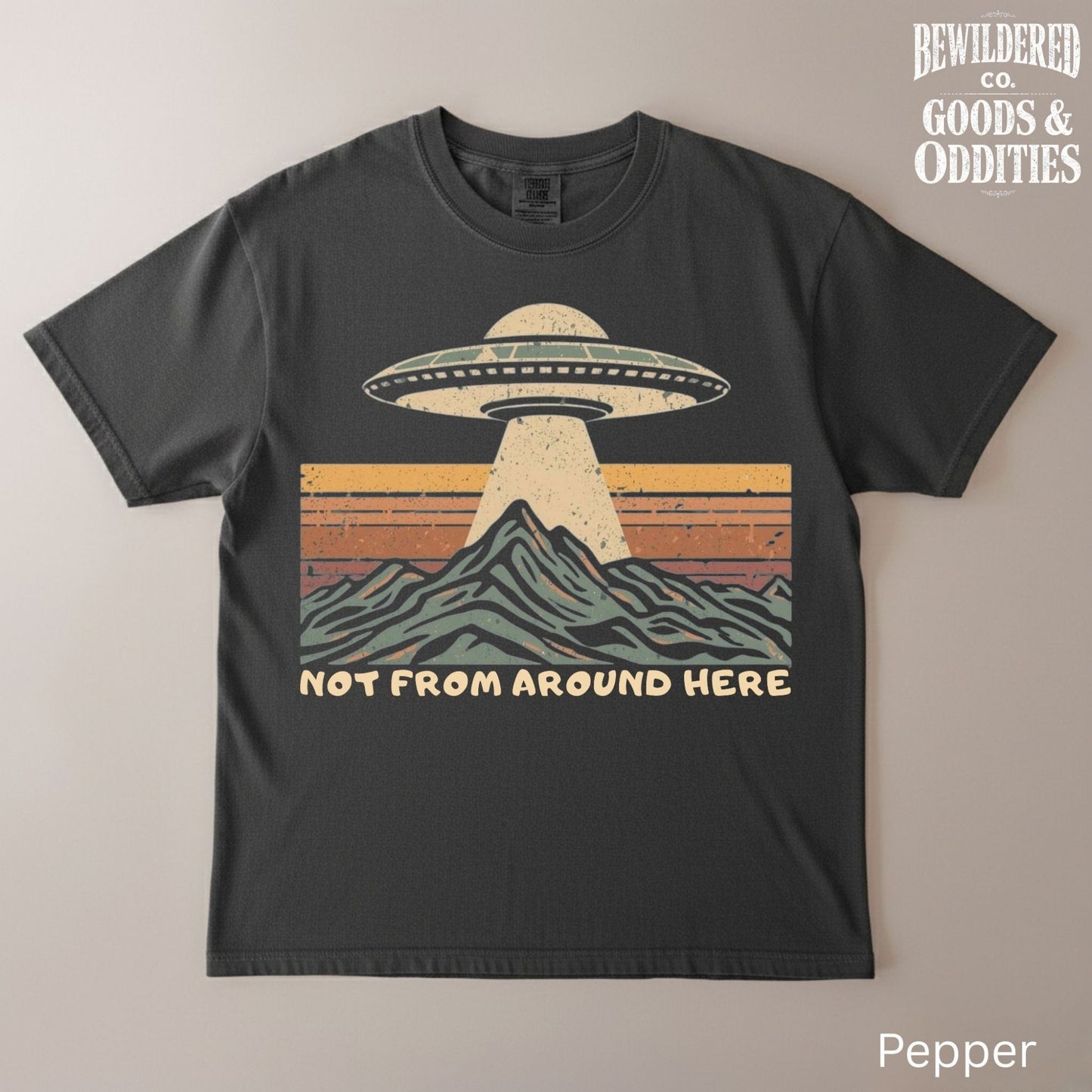T-Shirt — Retro UFO Over Mountains “Hey From Around Here” Graphic Tee