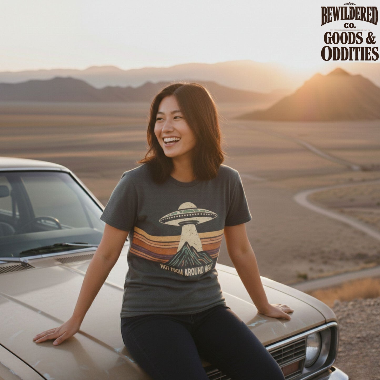 T-Shirt — Retro UFO Over Mountains “Hey From Around Here” Graphic Tee