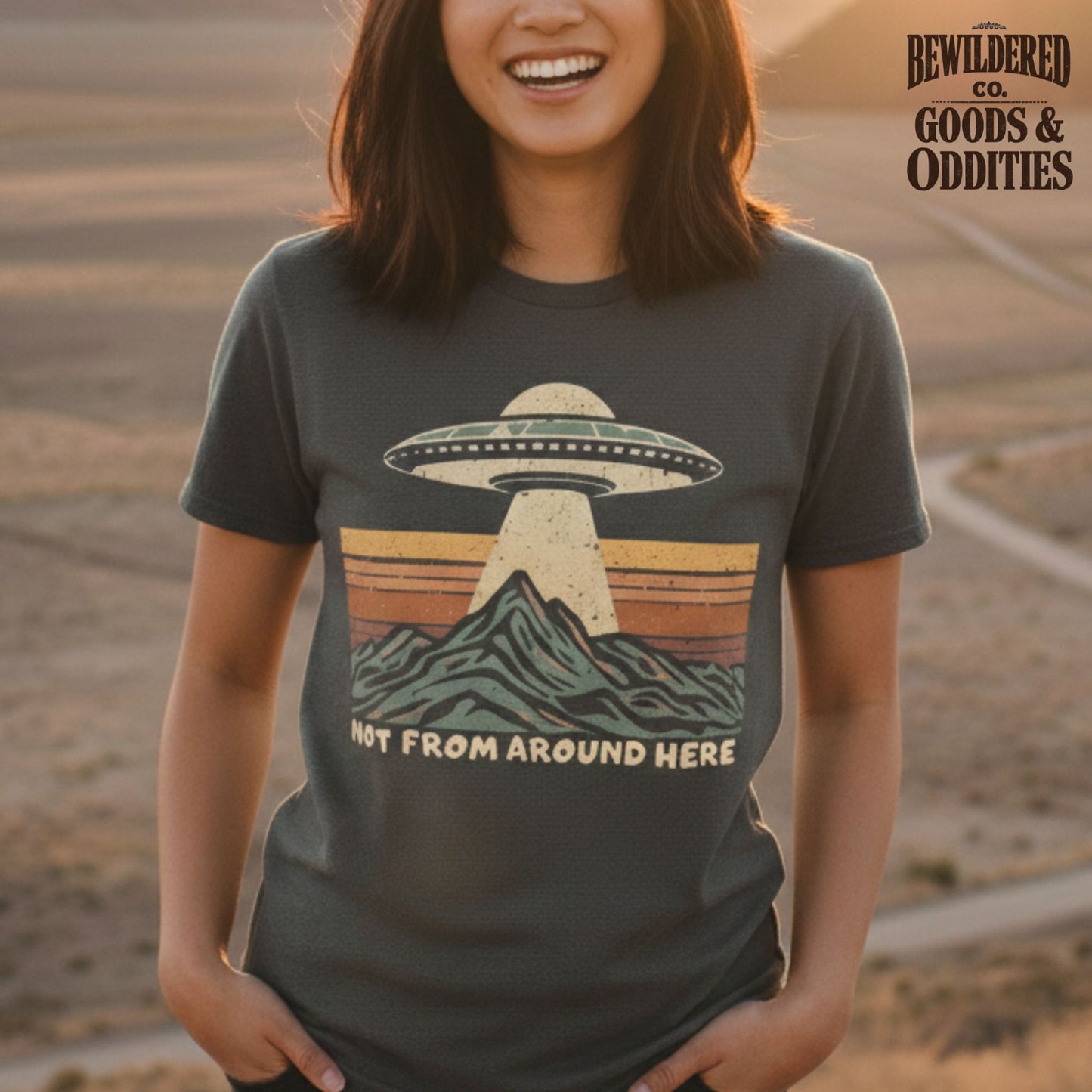 T-Shirt — Retro UFO Over Mountains “Hey From Around Here” Graphic Tee