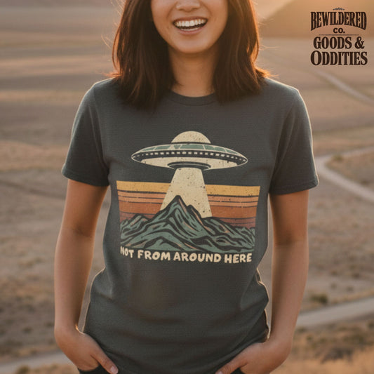 T-Shirt — Retro UFO Over Mountains “Hey From Around Here” Graphic Tee