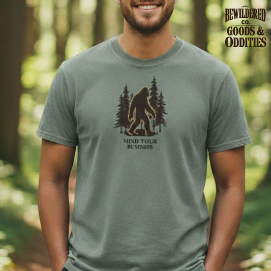 Sasquatch “Mind Your Business” T‑Shirt — Vintage Forest Bigfoot Tee