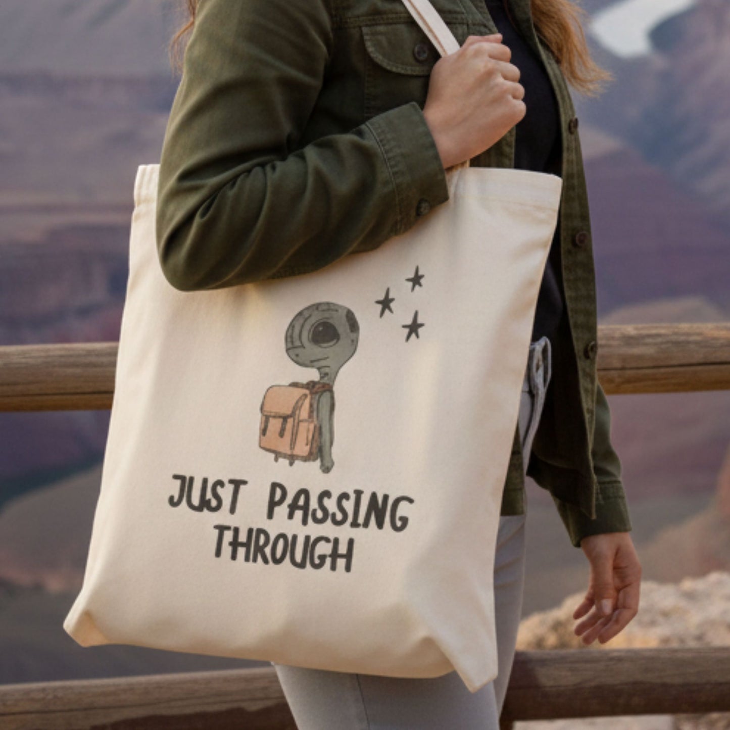 Just Passing Through Tote Bag — Bewildered Goods & Oddities Canvas Tote