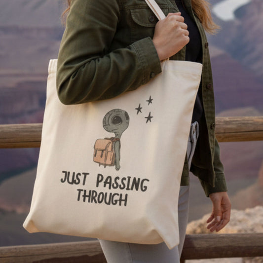Just Passing Through Tote Bag — Bewildered Goods & Oddities Canvas Tote