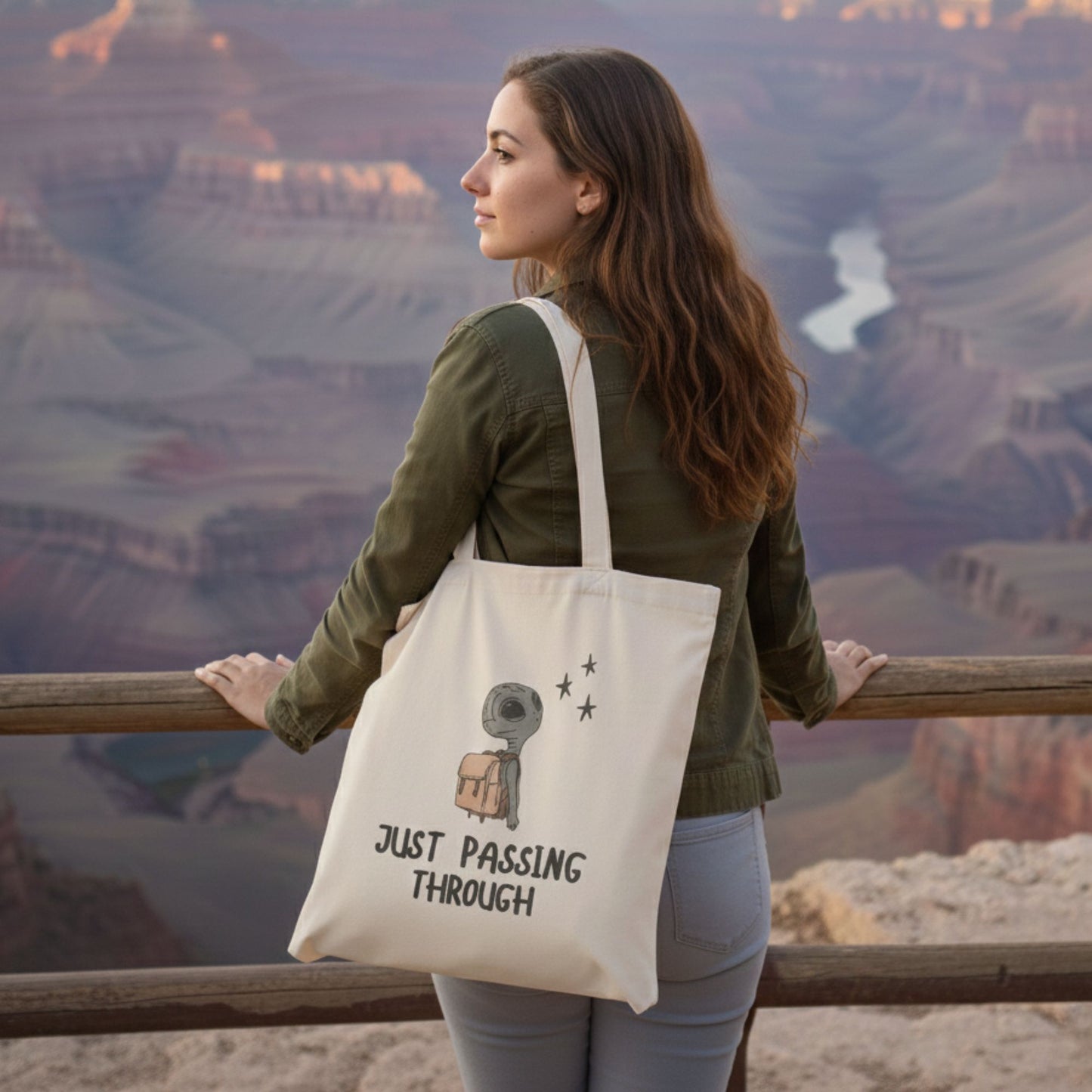 Just Passing Through Tote Bag — Bewildered Goods & Oddities Canvas Tote
