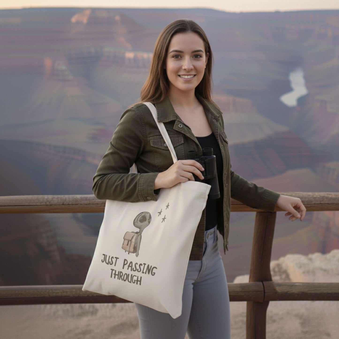 Just Passing Through Tote Bag — Bewildered Goods & Oddities Canvas Tote