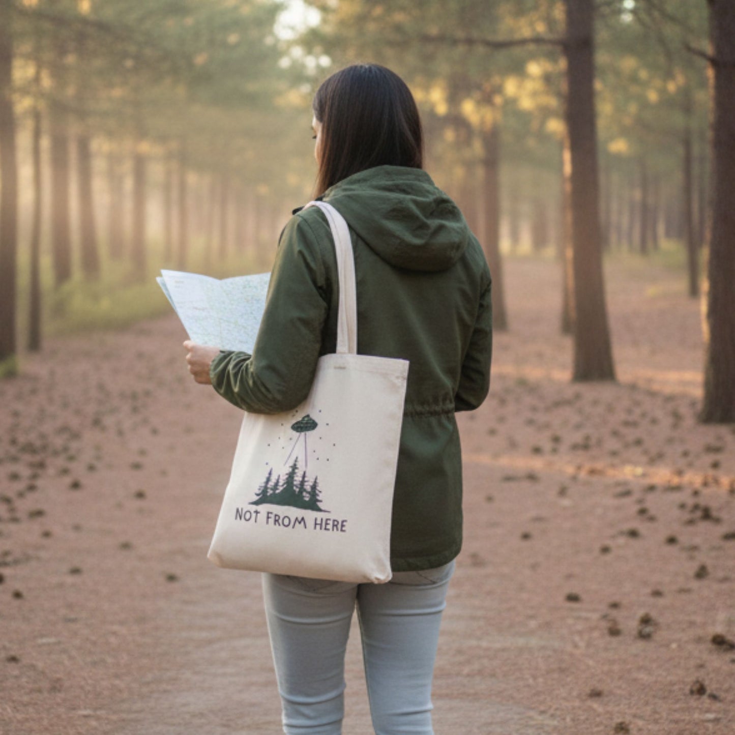 Not From Here Tote — UFO & Forest Cotton Canvas Bag