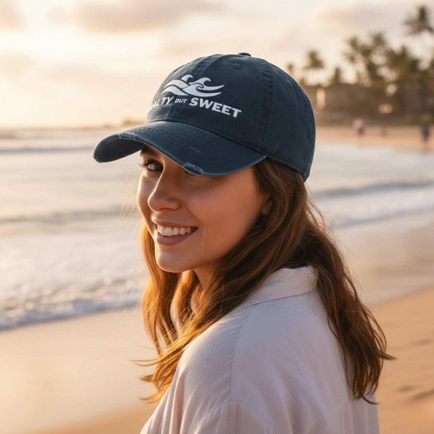 Distressed Dad Hat — "Salty but Sweet" Embroidered Wave Cap