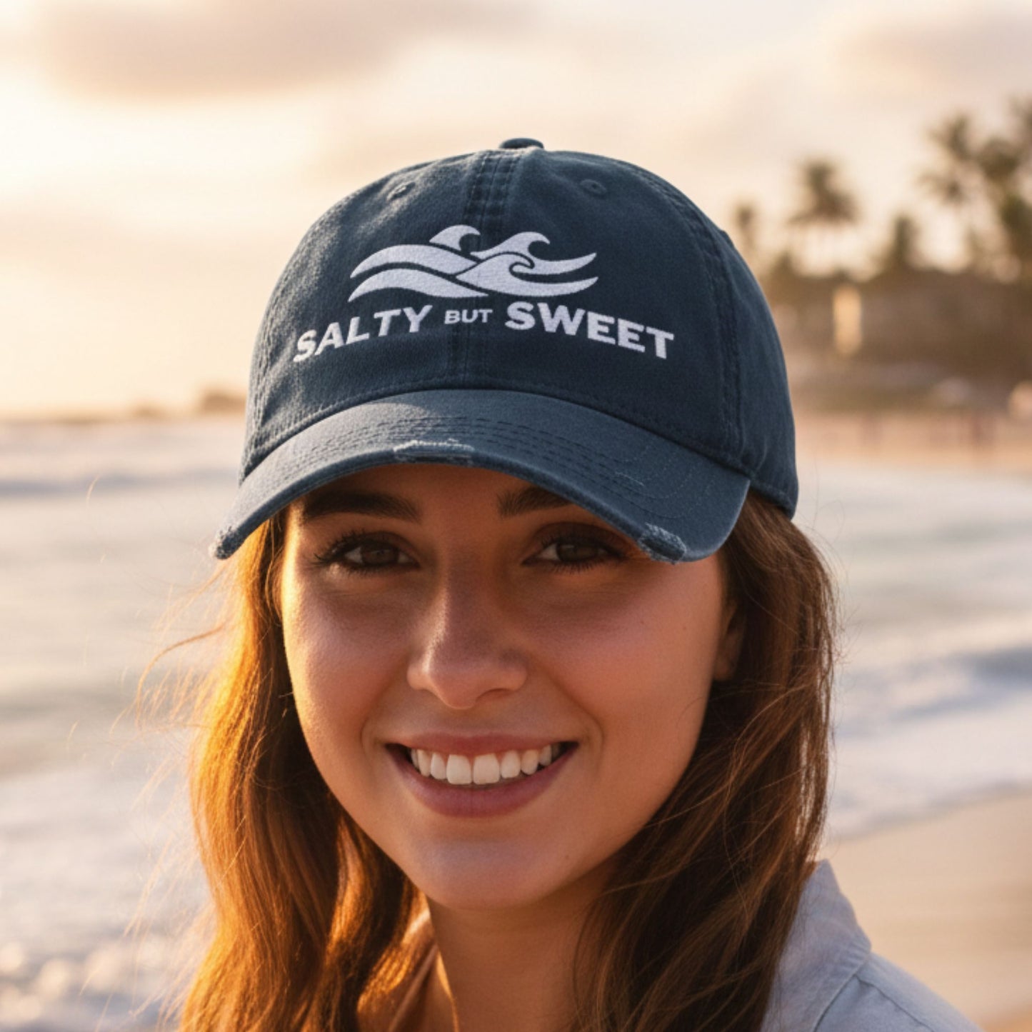 Distressed Dad Hat — "Salty but Sweet" Embroidered Wave Cap