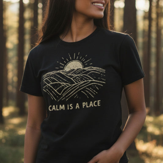 Calm Is a Place T-Shirt – Sunrise Mountain Graphic Tee, Comfort Colors 1717