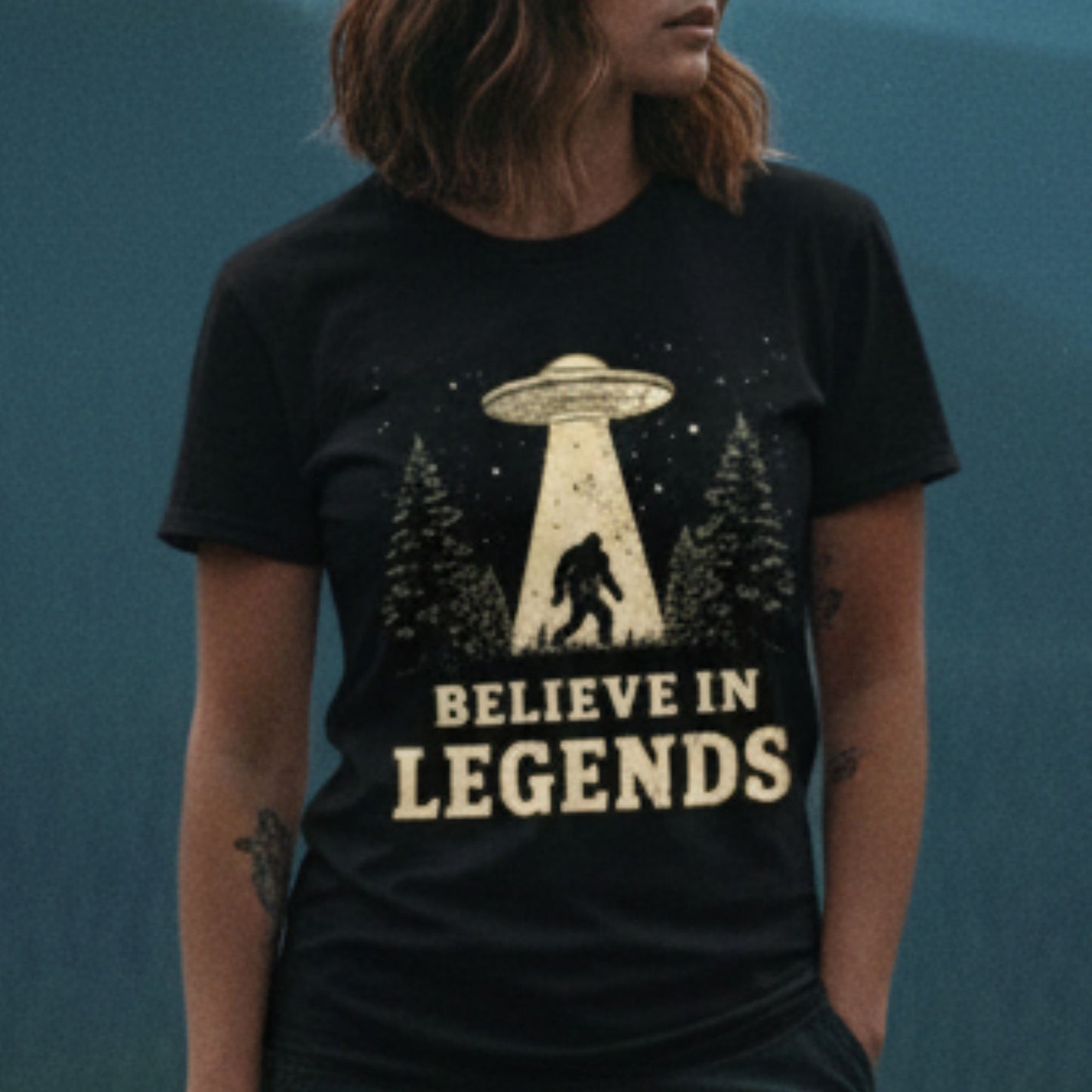Believe in Legends T-Shirt – Bigfoot & UFO Graphic Tee, Comfort Colors 1717