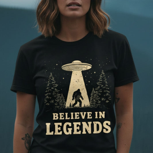 Believe in Legends T-Shirt – Bigfoot & UFO Graphic Tee, Comfort Colors 1717