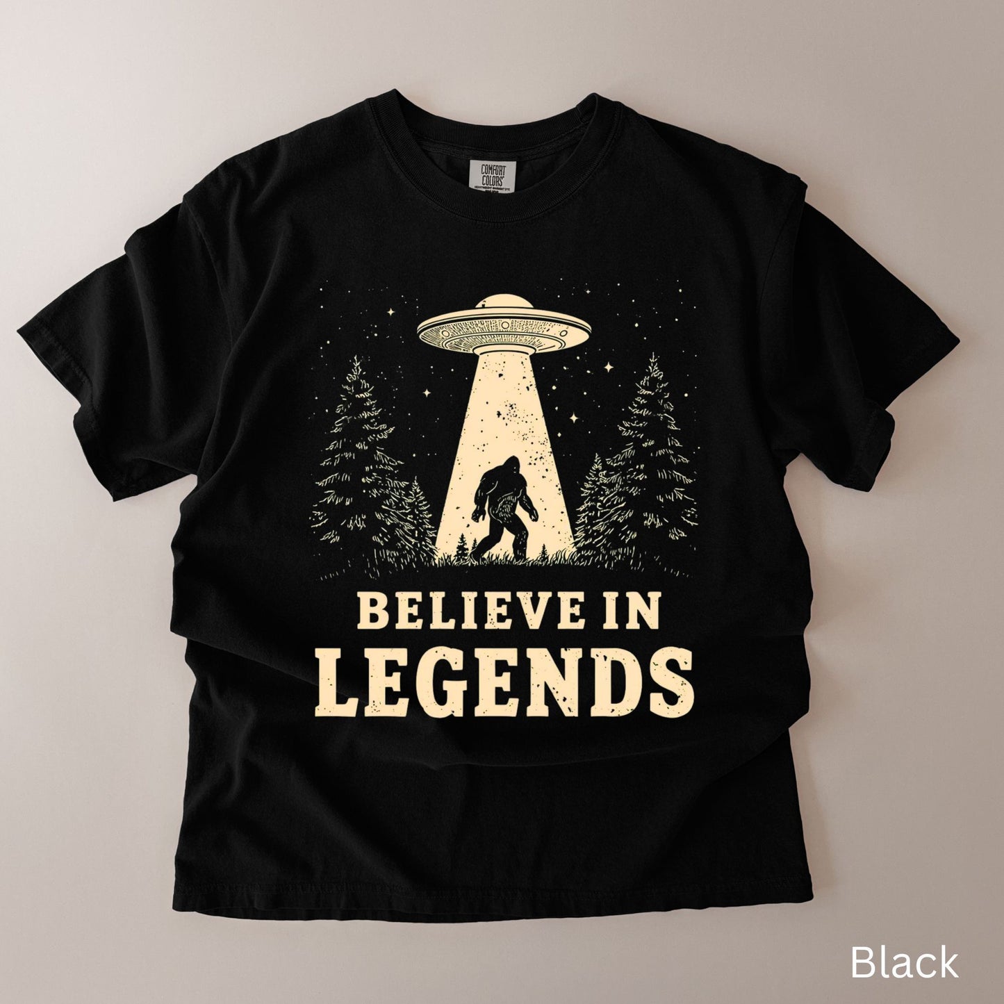 Believe in Legends T-Shirt – Bigfoot & UFO Graphic Tee, Comfort Colors 1717