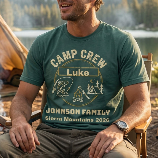 Camp Crew T-Shirt — Personalized Family Camping Tee (Name, Location & Year)